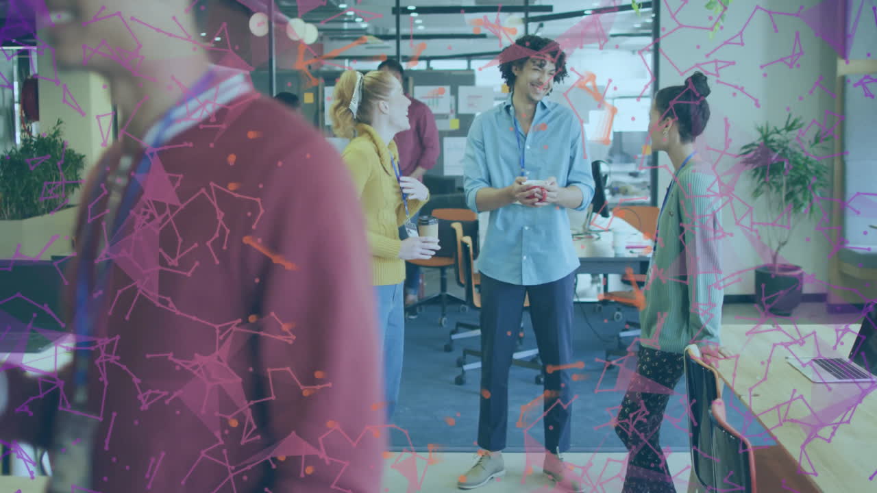 Chatting in office, diverse colleagues with colorful network connections overlay