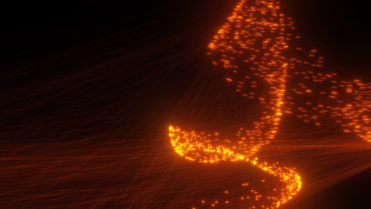 Red Inter Connected Strands of Particles Weaving Together Creating Hologram in 3-D Space with Black Background. Abstract Glowing Futuristic Concept