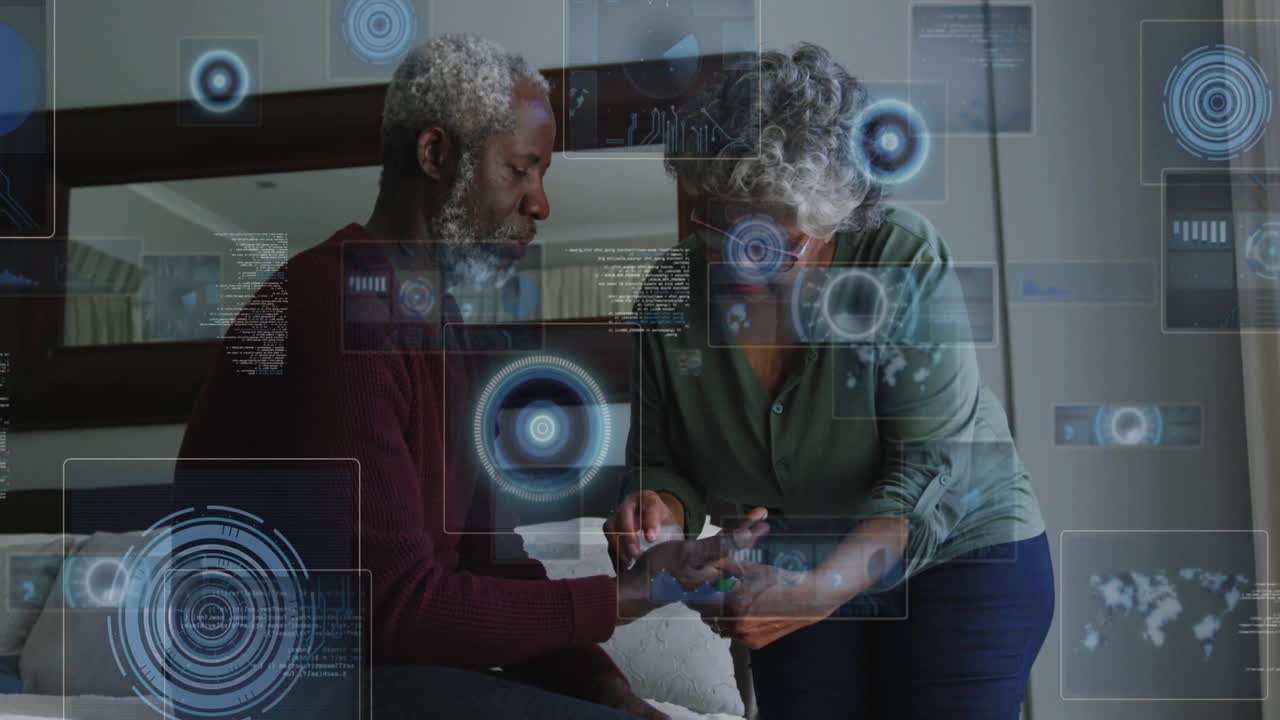 Animation of data processing over senior african american couple cleaning hand