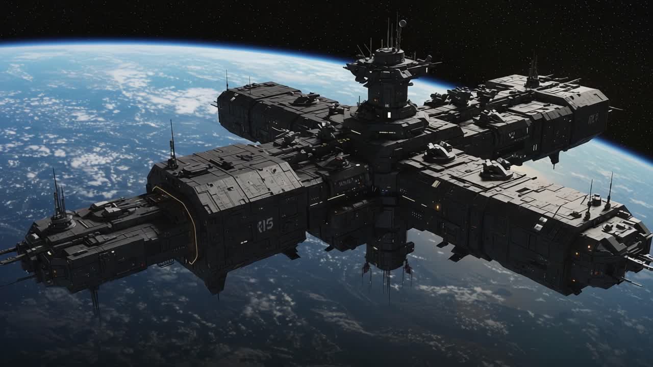 A Stunning Spacecraft in Orbit: Capturing the Magnificent Design and Engineering of a Sci-Fi Space Station Against the Background of Earth’s Atmosphere
