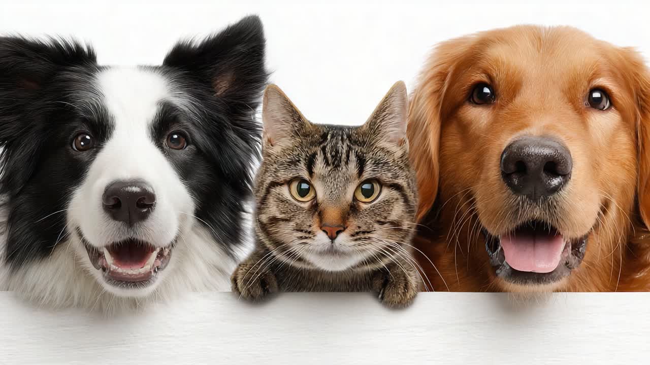 A Charming Trio of Pets: An Endearing Portrait of a Border Collie, a Tabby Cat, and a Golden Retriever Displaying Their Affection and Joy Through Their Expressions
