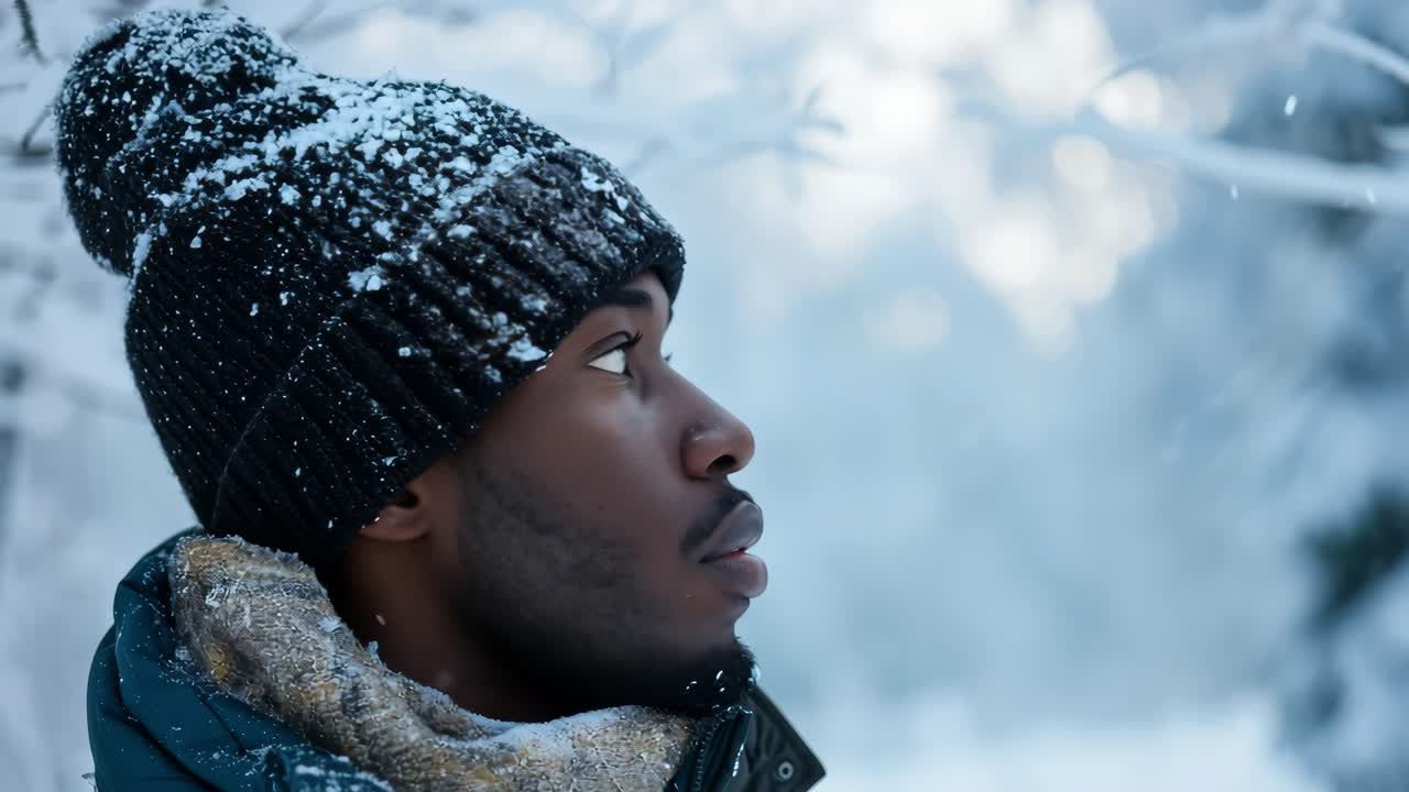 Close up portrait of a young black man wearing a wool hat and a scarf while enjoying a snowfall in a forest during winter, snowflakes falling on his face