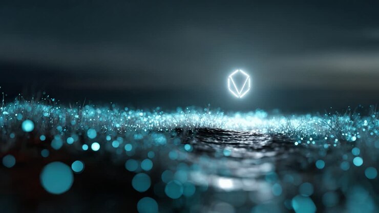 A serene landscape illuminated by captivating glowing particles and a geometric symbol, reflecting softly on a tranquil water surface at twilight