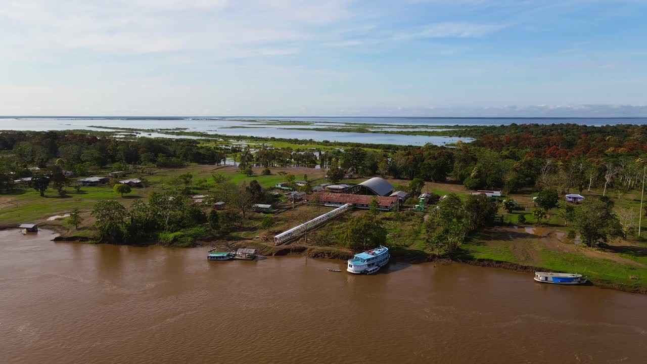 A river village in the amazon rainforest, showcasing lush greenery and watercraft., aerial view