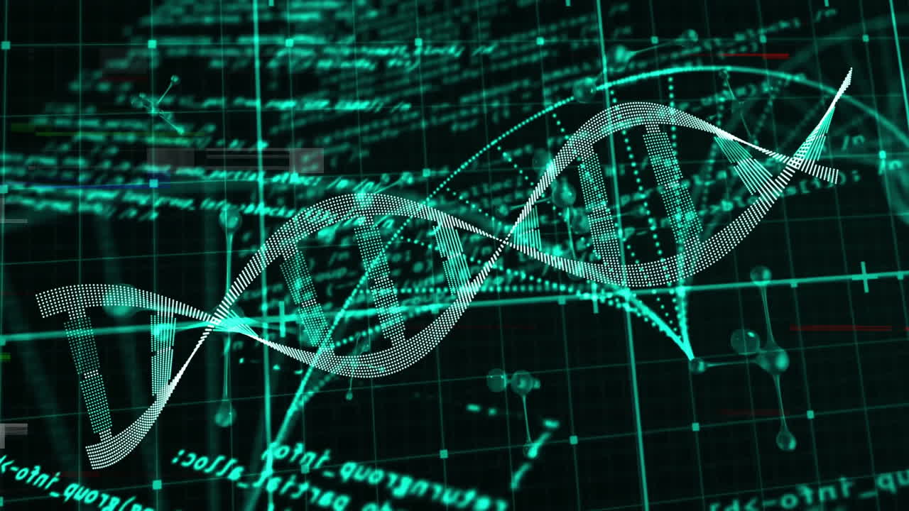 In school, DNA strand with binary coding for scientific data processing animation