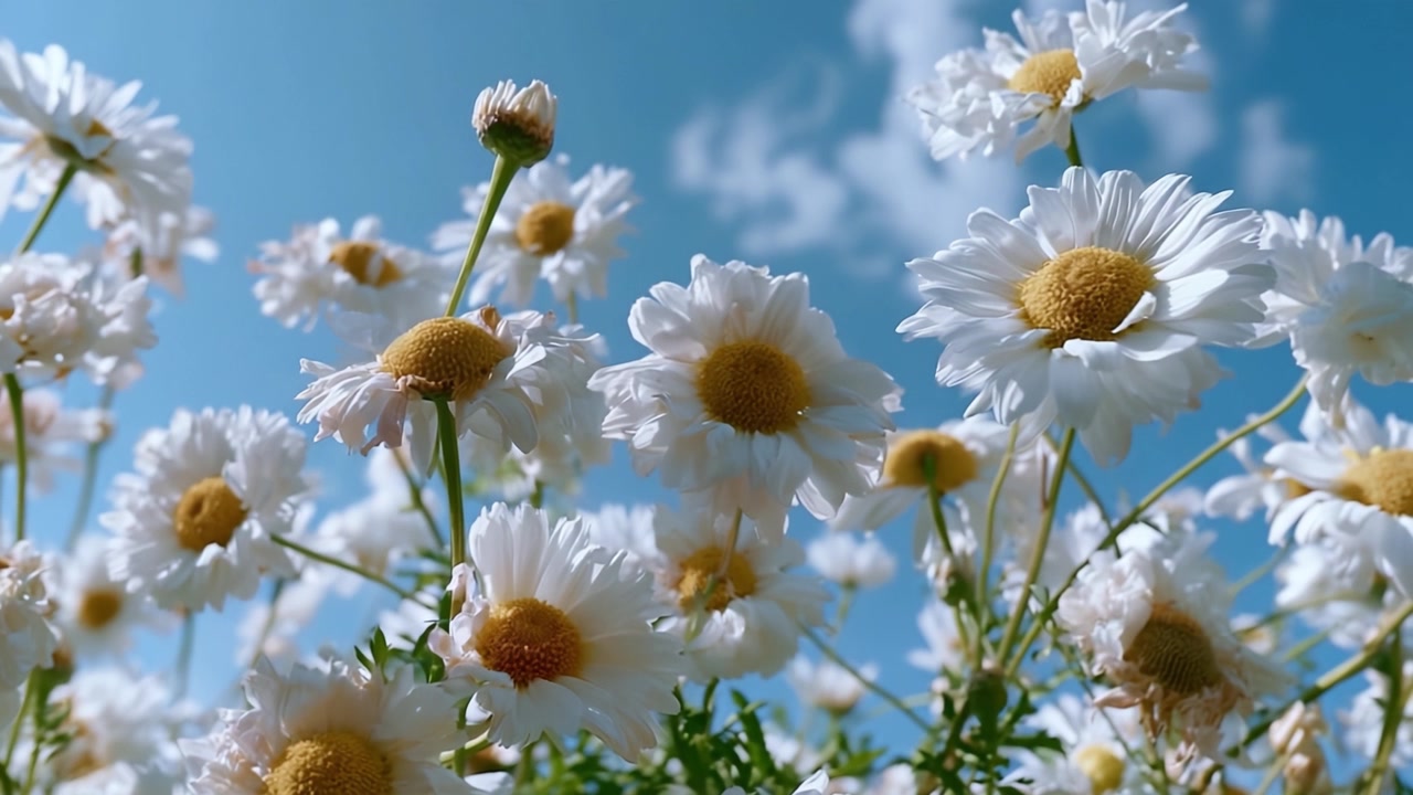 Un primo piano di vivaci margherite bianche contro un cielo blu brillante, che mette in mostra la bellezza della natura e le delicate caratteristiche di ogni fiore in piena fioritura.