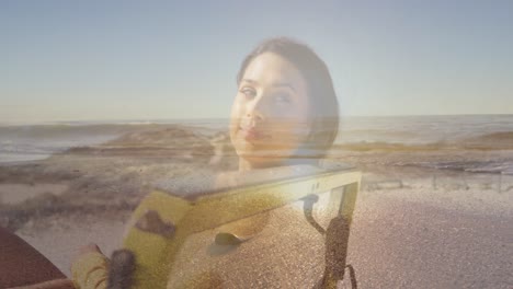 animation of happy caucasian woman in car over seascape