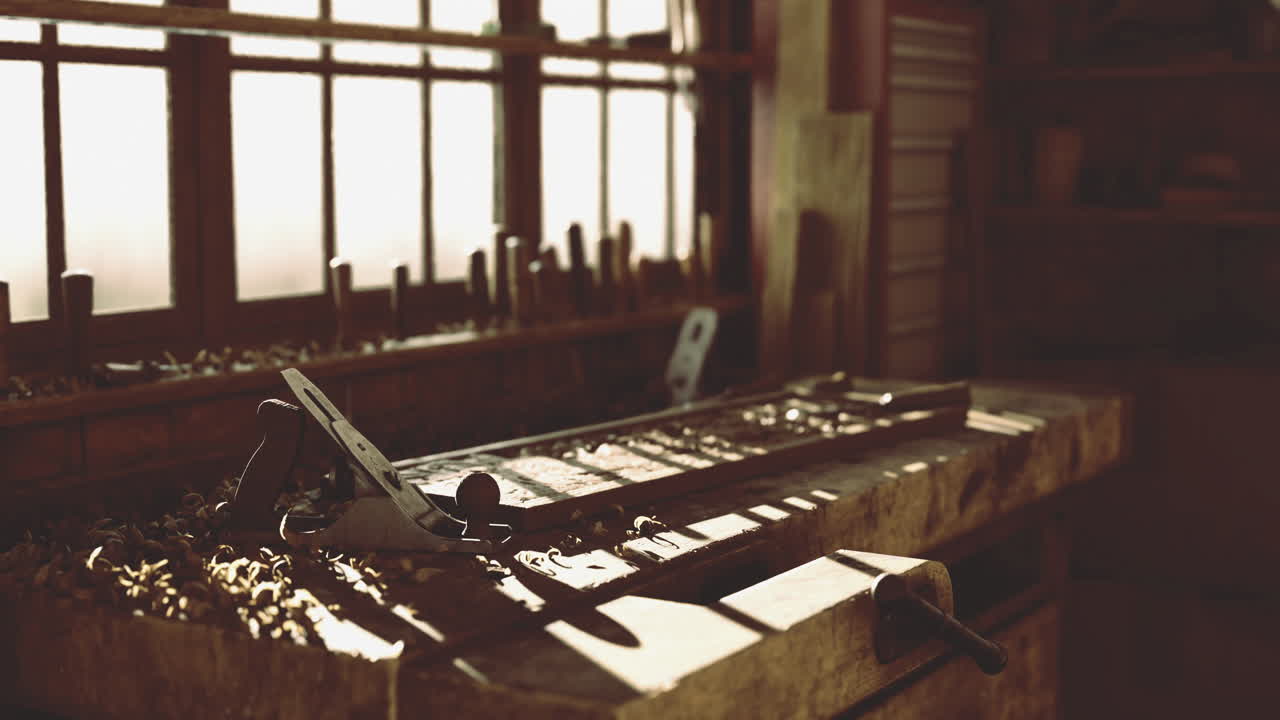A woodworking workshop with tools and a workbench