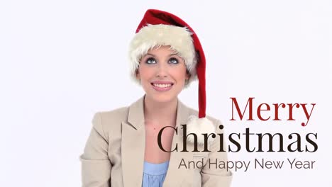 feliz navidad y feliz año nuevo texto y santa mujer de negocios
