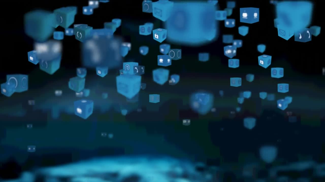 파란색 배경 위를 날아다니는 디지털 아이콘의 애니메이션