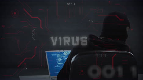 Hacker-in-dark-room-with-computer,-virus-alert-animation-over-binary-code