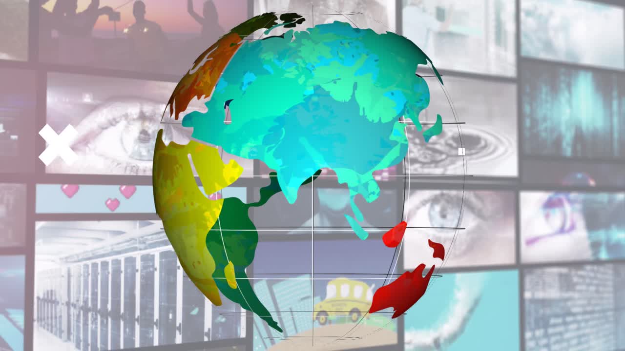 animación de globos coloridos y cruces blancas sobre varios clips que se reproducen en pantallas compuestas