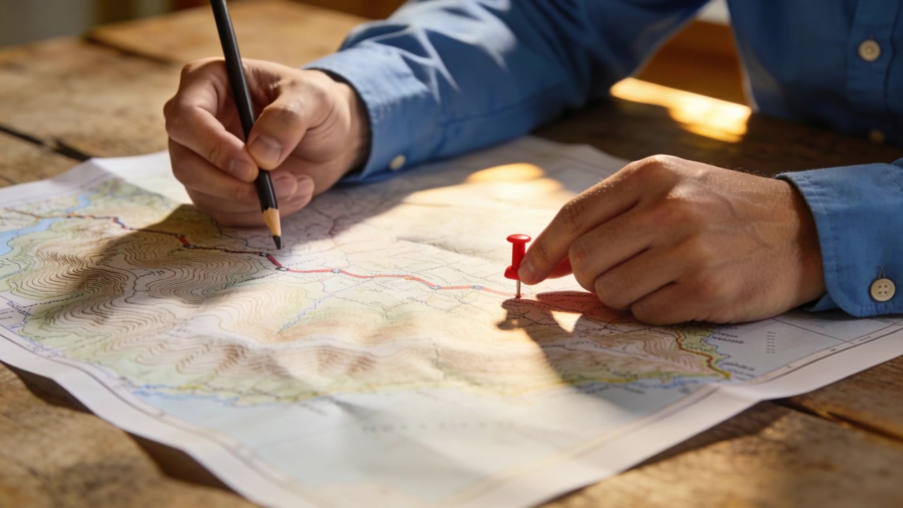 Placing red pushpin, blue-shirted hands steadying, penciling route on contour map at desk, planning