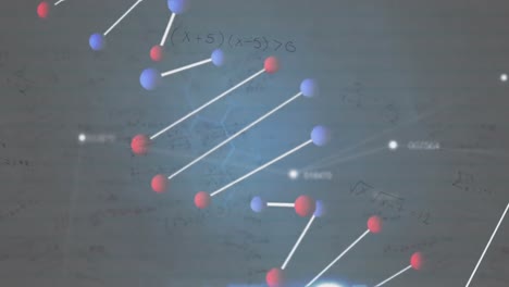 animation of dna strand and numbers changing, medical data processing on grey background