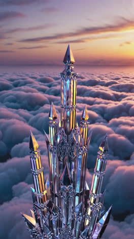 crystal castle in the clouds at sunset