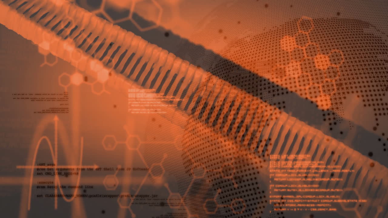 Sekskantede mønstre og databehandling animation over abstrakt orange baggrund