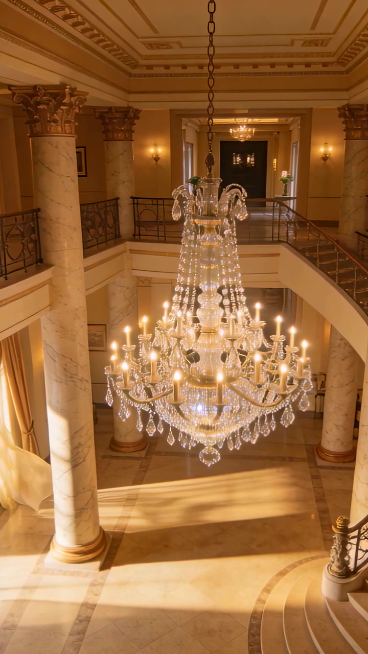 Vídeo vertical: Câmara a descer de varanda, movendo-se sobre um grande foyer, centrando o lustre.