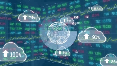 Animation-of-globe-in-rotating-pie-chart-and-clouds-with-arrow-and-100-percentage-over-trading-board