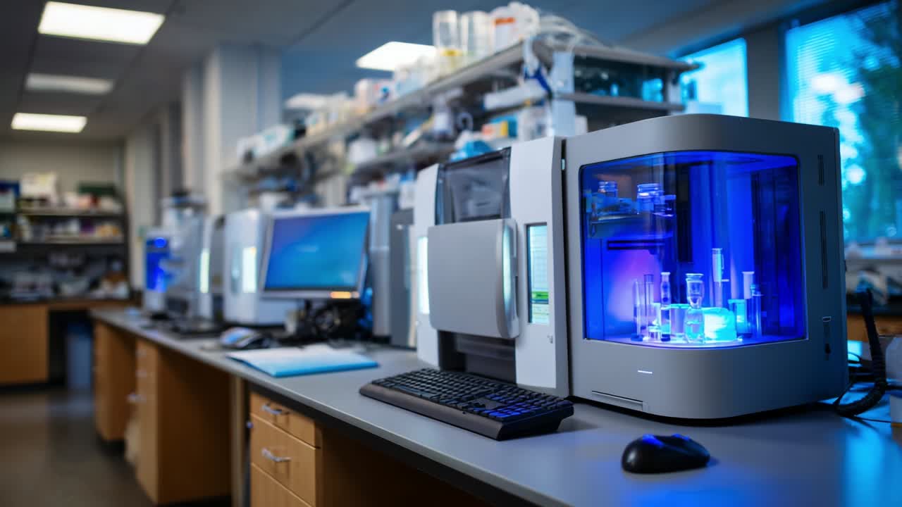 Advanced laboratory equipment featuring illuminated analysis instruments and modern technology, showcasing a high-tech research environment with detailed apparatus set up for scientific investigations