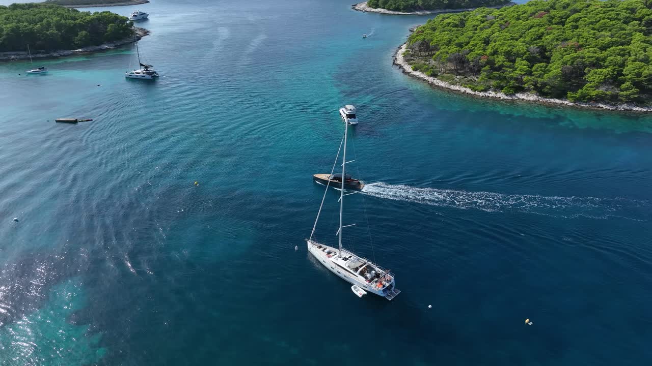 Boats and Yachts in Turquoise Sea, Pakleni Islands - Aerial Orbit