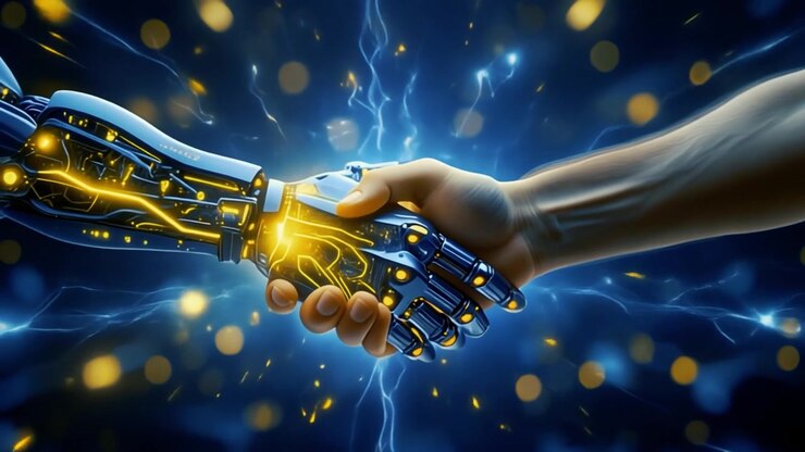 Mano umana e mano robotica che si stringono la mano nello spazio digitale