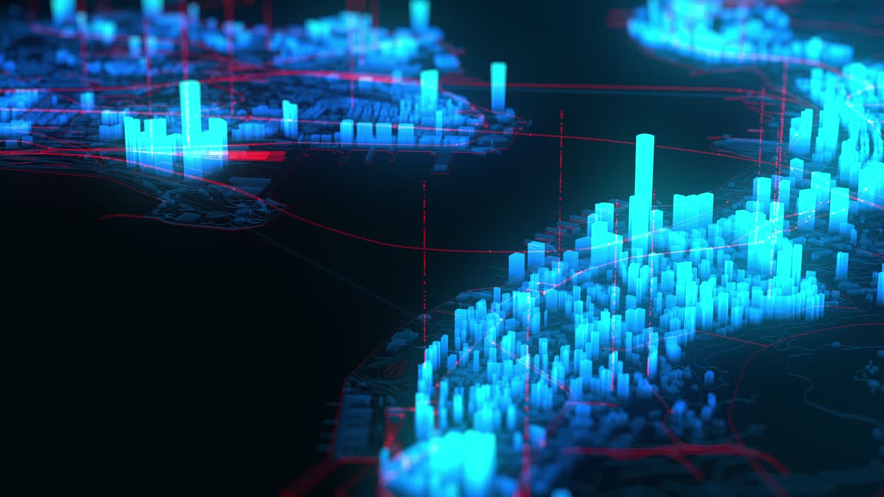 Hologram city buildings rotates, computer graphic industrial animation