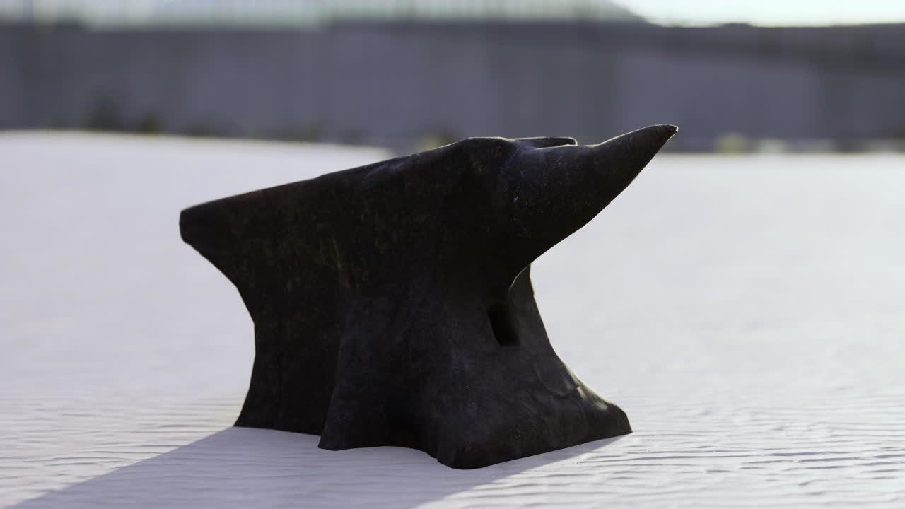 Unique black anvil resting on sunlit sandy shore at midday