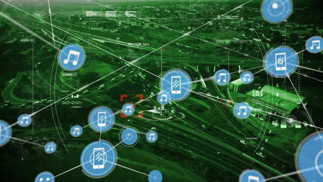 Animation of network of connections with icons over cityscape