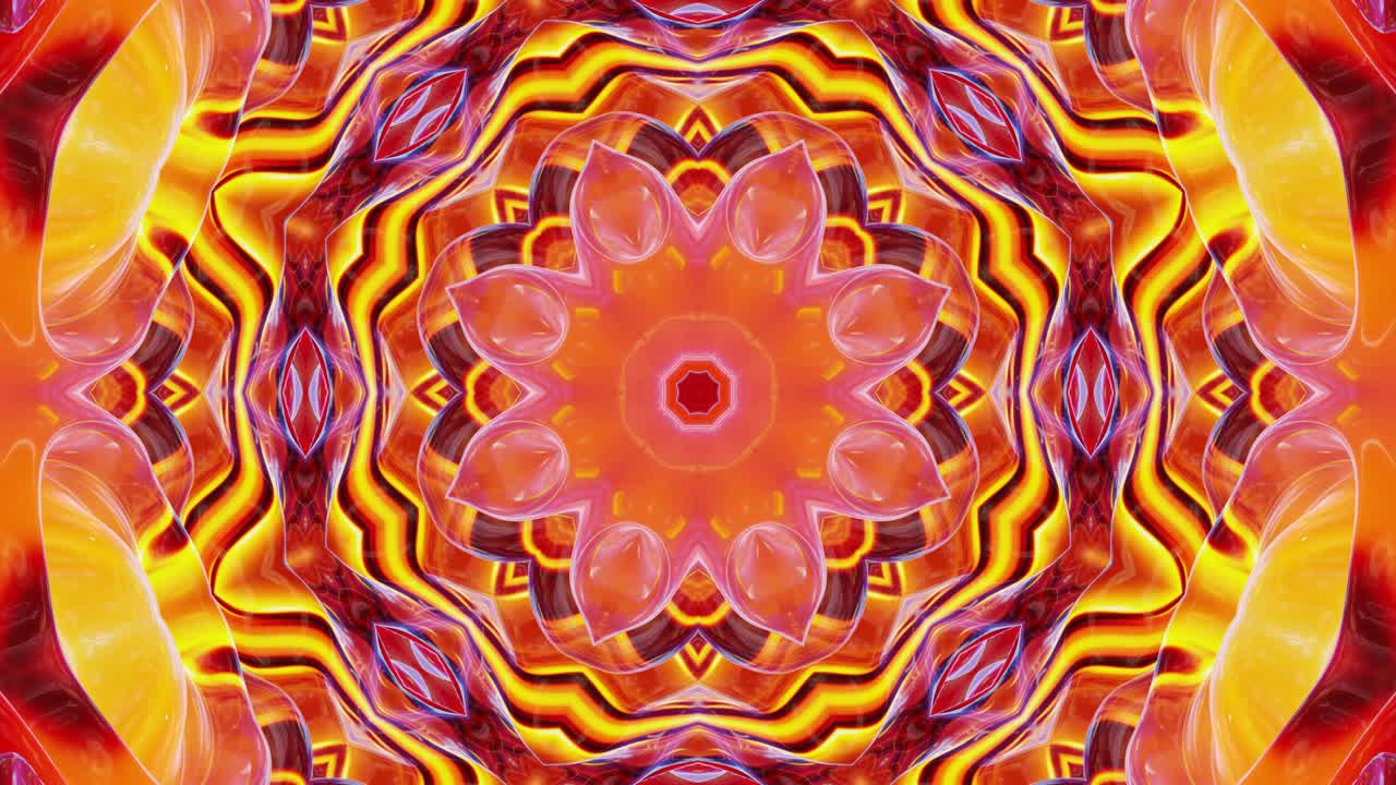 estilo 3d en bucle abstracto bg con estructura ondulada. líquido simétrico patrón rojo amarillo como caleidoscopio con ondas de vidrio líquido brillante con hermosos colores de gradiente. 4k