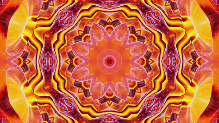 Sfondo astratto 3D elegante e in loop con struttura ondulata. Motivo liquido simmetrico rosso e giallo come un caleidoscopio con onde di vetro liquido brillante e bellissimi colori sfumati. 4k