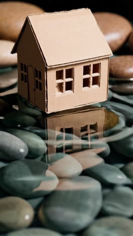 cardboard house model in water with reflections on stones