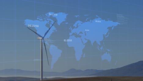 animation of data processing and world map over windmill