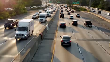dynamic urban traffic flow: aerial views of vehicles navigating busy freeways in the late afternoon sun, highlighting the hustle and bustle of city life