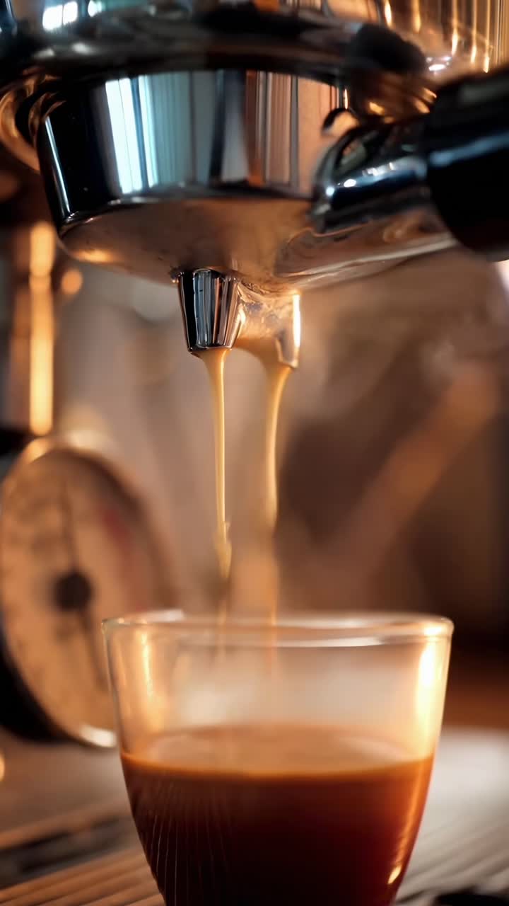 Video in primo piano e a bassa angolazione di caffè espresso che si versa in un bicchiere, catturando ricche texture.