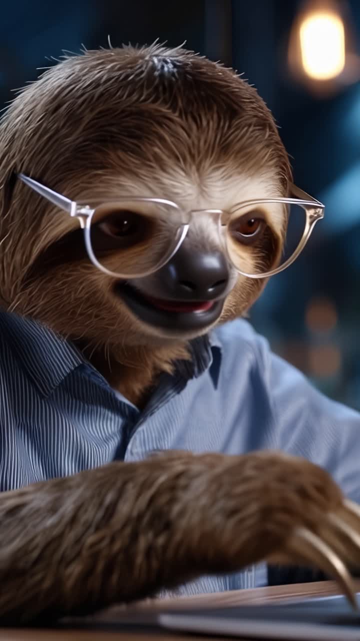Un bradipo affascinante con gli occhiali impegnato in un'attività pensierosa con un look moderno, che mette in mostra una combinazione unica di eleganza e giocosità.