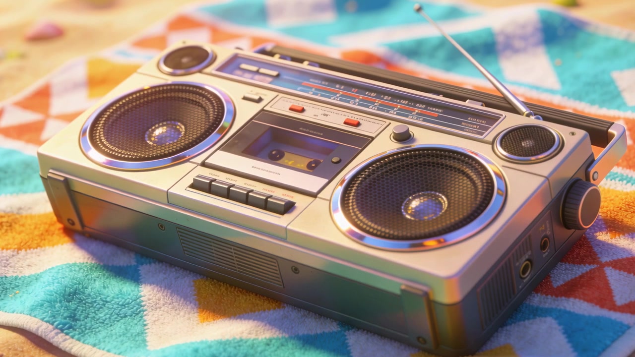 La telecamera si sposta inquadrando un boombox a cassette retrò su un telo da mare, con la luce del sole che proietta riflessi metallici.