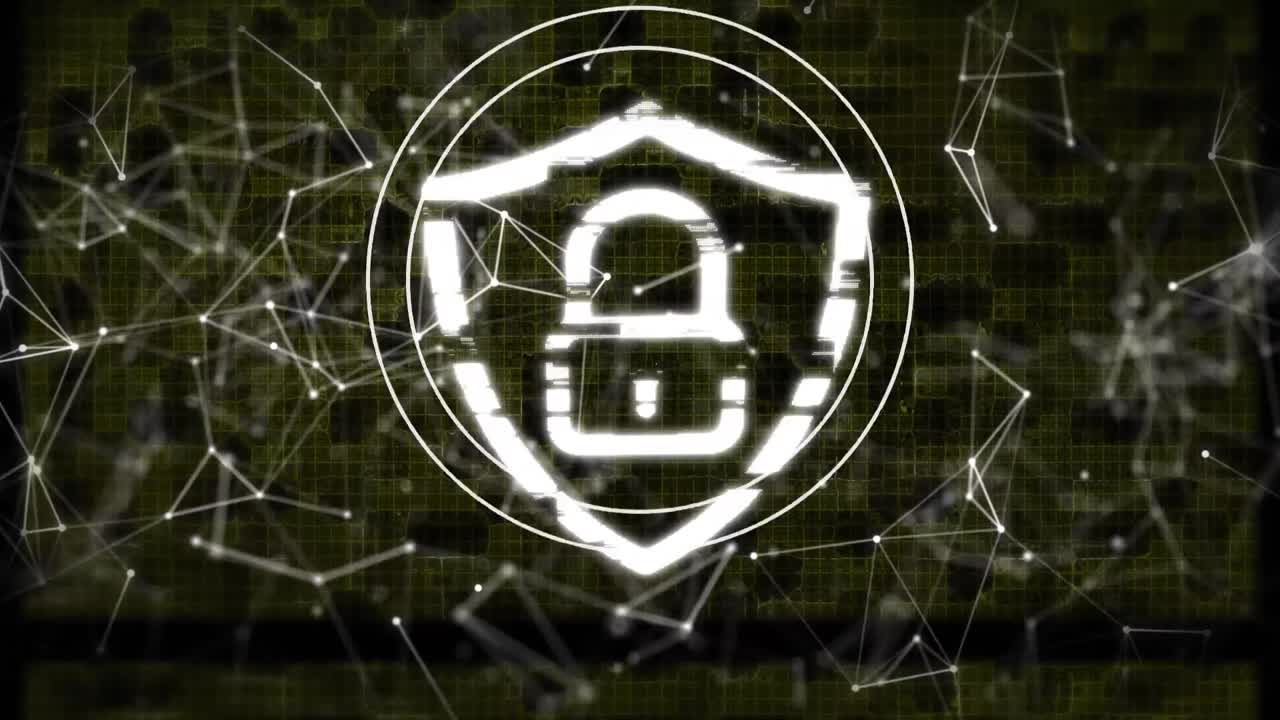 анимация графического замка с щитом над цифровыми точками, соединяющимися с линиями