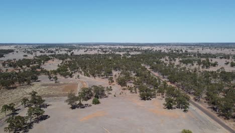 Drone-Volando-Sobre-Un-Bosque-De-Estilo-Desértico-Y-Una-Carretera-Rural