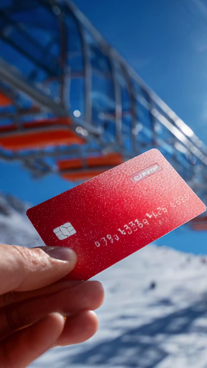 Uma mão segurando um cartão de crédito vermelho em frente a um teleférico em um cenário de céu azul brilhante e paisagem nevada, mostrando a essência da aventura de inverno e das atividades de lazer