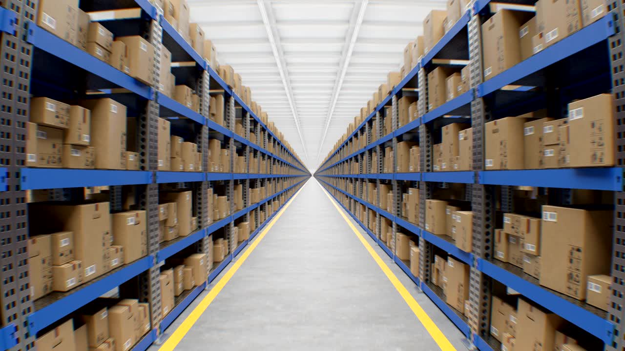 moviéndose a través del enorme y hermoso almacén con cajas de cartón en estanterías metálicas sin problemas. animación en bucle 3d de un moderno sistema de almacenamiento automatizado. concepto de entrega.