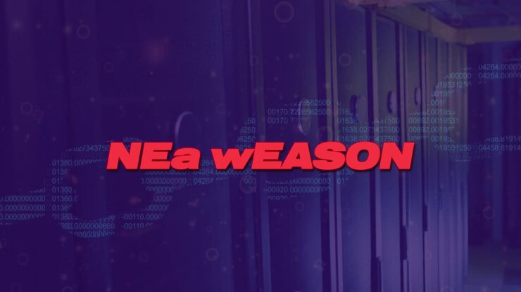 Animation of new season text with data processing over server room