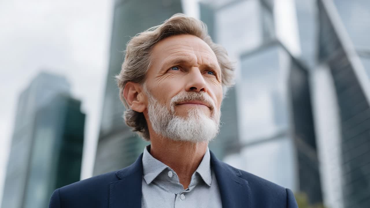 A Thoughtful Journey: Captivating Portrait of a Distinguished Older Man with a Gracious Expression Against a Modern Transparent Architectural Background