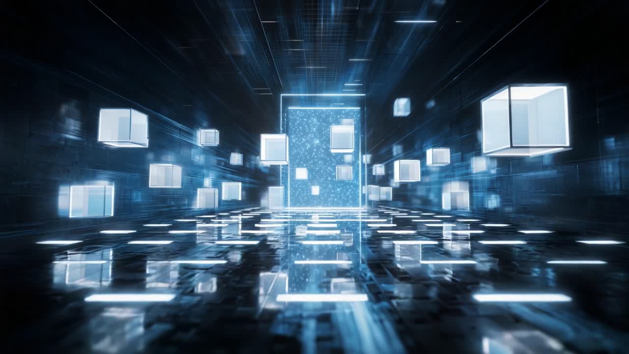 A mesmerizing journey through a futuristic digital corridor, showcasing glowing cubes and an illuminated doorway leading to infinite possibilities in a virtual realm