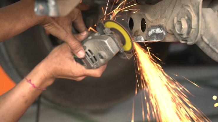 Metalworker grinding in auto body repair shop, closeup