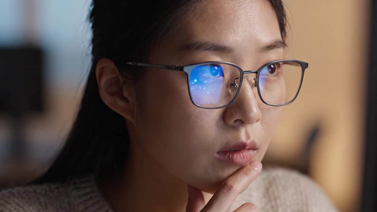 Focused Concentration: A Close-Up on a Young Woman Wearing Glasses, Engrossed in Her Work with a Screen's Blue Light Illuminating Her Face