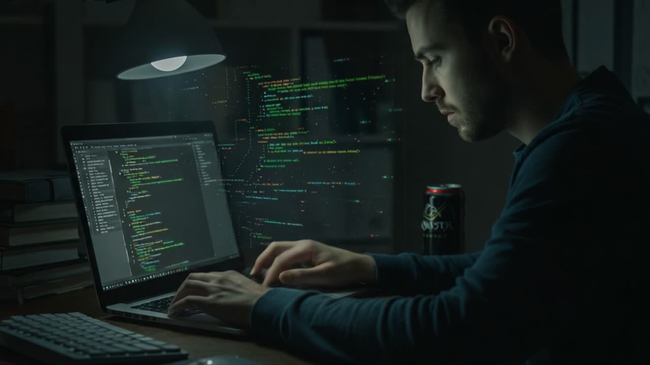 Focused Programmer Engaging with Code on Laptop in a Dimly Lit Workspace, Highlighting the Intricacies of Software Development and Technology Interaction