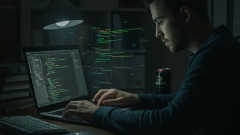 focused programmer engaging with code on laptop in a dimly lit workspace, highlighting the intricacies of software development and technology interaction