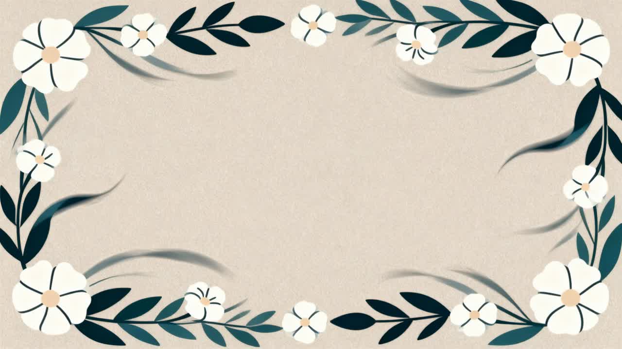 Loop starting floral frame shifting elements, shadows on beige canvas showing empty center for text