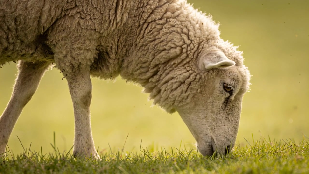 Abaixando a cabeça, ovelha lanuda pastando no campo, mordiscando grama verde curta para se alimentar e mastigando