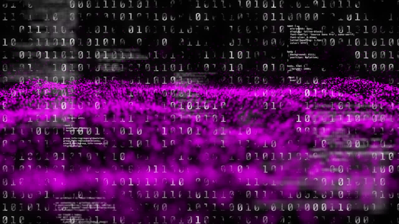 Animation of binary coding processing over abstract mesh with pink spots floating and waving